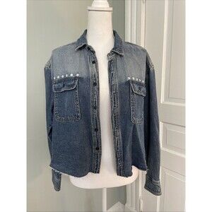 Rebecca Minkoff Jean Jacket Denim Shirt Crop Raw Hem Jewels Medium